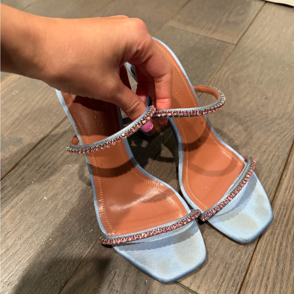 Amina Muaddi Blue and Pink Heels